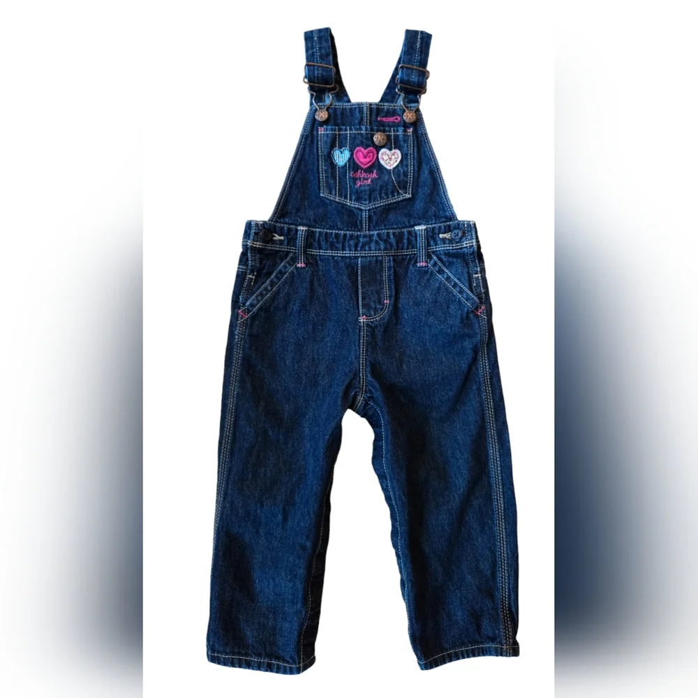 OshKosh B'Gosh dark blue denim overalls with applique patchwork hearts